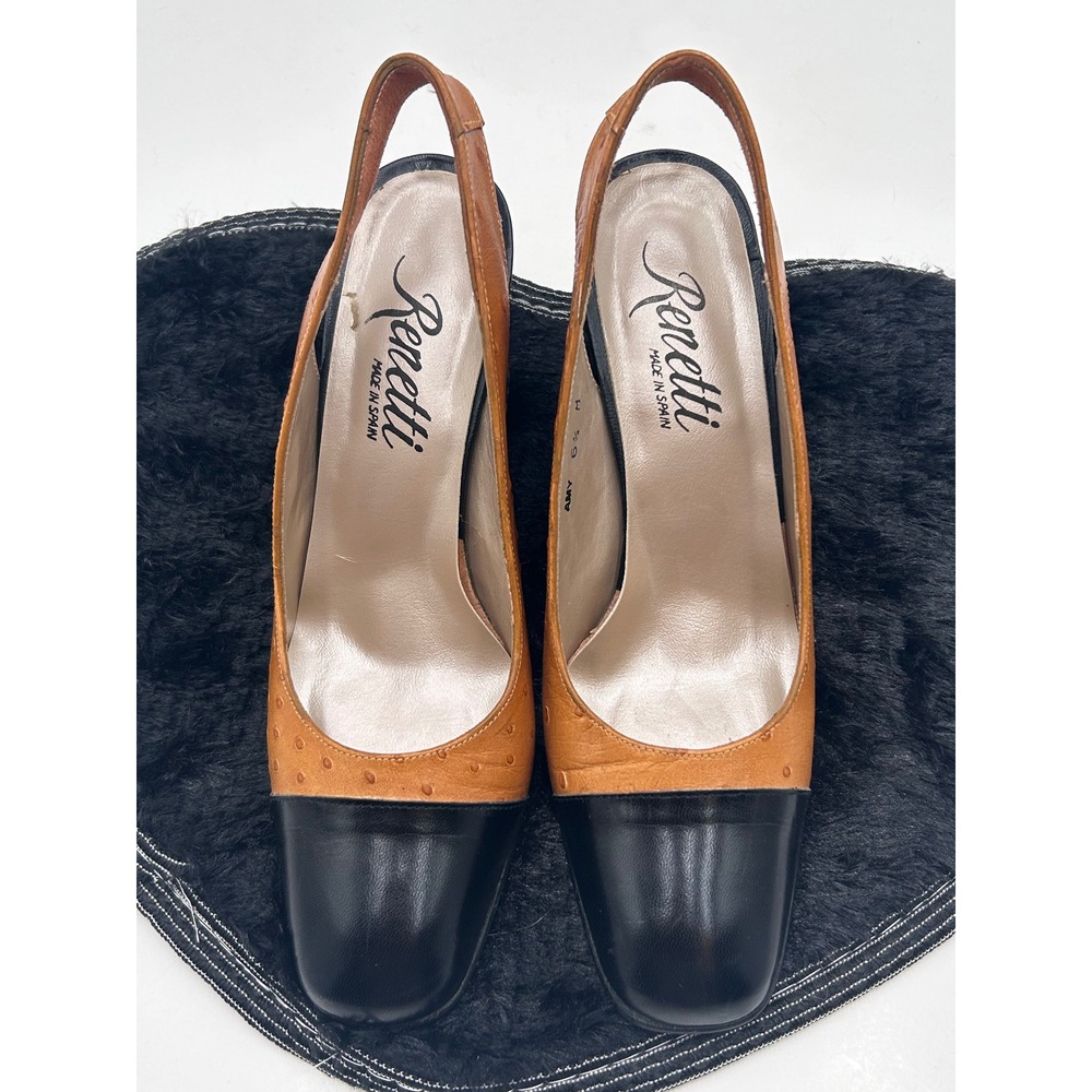 Renetti Amy Slingback Heels Ostrich Embossed Leather Black Toe Block Heel 6.5M - Picture 10 of 13